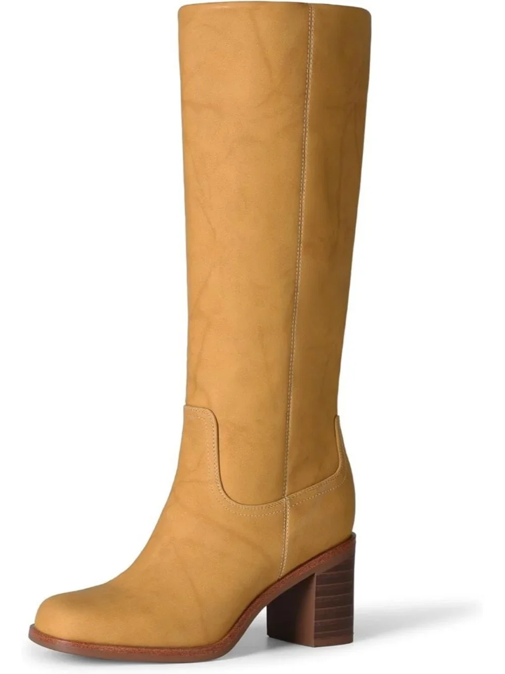Women's Yellow Chunky Block Heel Square Toe Faux Leather Long Knee High Boots